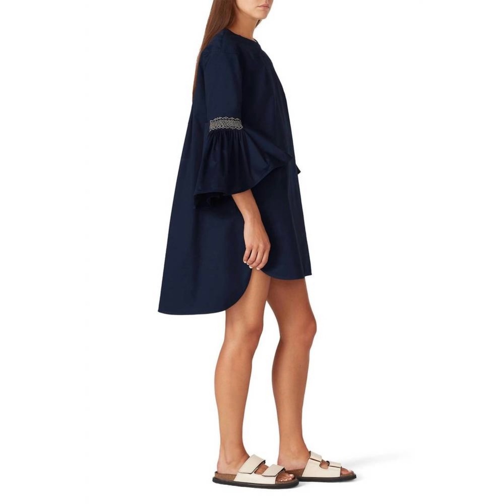 Teija Embroidered smocked Fluted bell‎ Sleeve tunic Dress size 10 navy blue